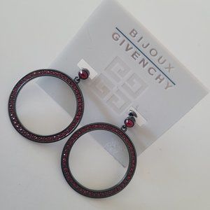 Givenchy Vintage Rhinestone Runway Retro Hoop Earrings Gunmetal Red